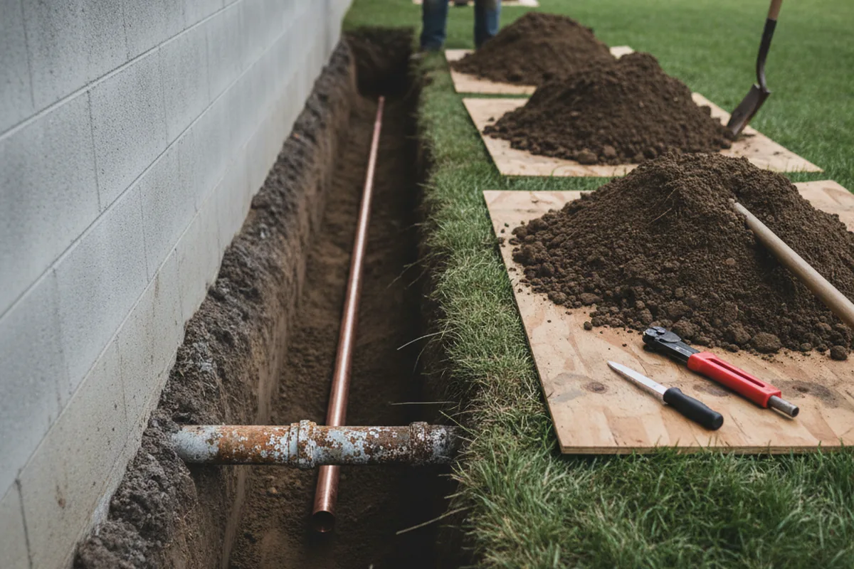 Excavated water line trench during Sewer Line Repair in Trexlertown